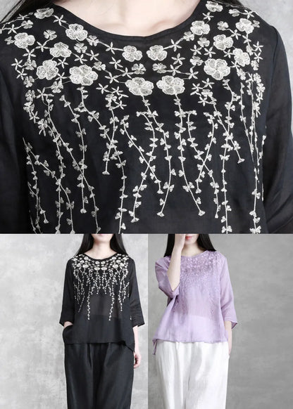 Boutique Violet O-neck Embroideried Linen Shirts Long Sleeve
