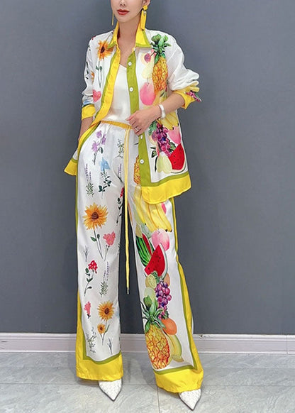 Yellow Fruit Print Button Shirts and Wide Leg Pants Two Piece Set Spring