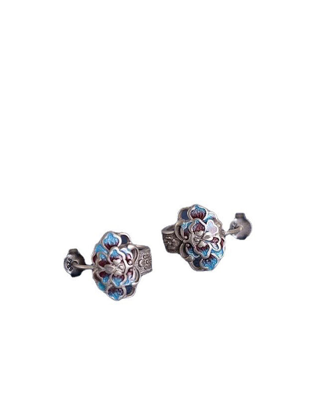 Silk Sterling Silver Cloisonne Peony Flower Stud Earrings