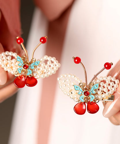 Red Alloy Pearl Colored Glaze Butterfly Kids a Pair Hairpin