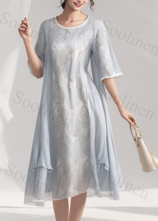 Light Blue O Neck Print Wrinkled Patchwork Silk Dress Summer