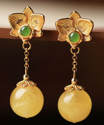 Diy Yellow Sterling Silver Beeswax Amber Jade Drop Earrings