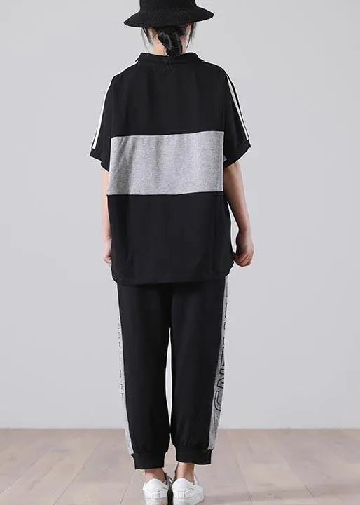 Unique Black Patchwork Cotton Summer Two Piece Set Clothing