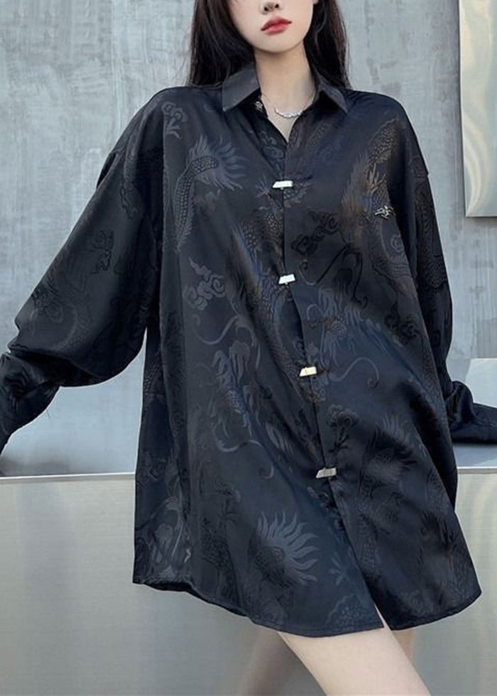 Black Oversized Jacquard Silk Shirt Tops Fall
