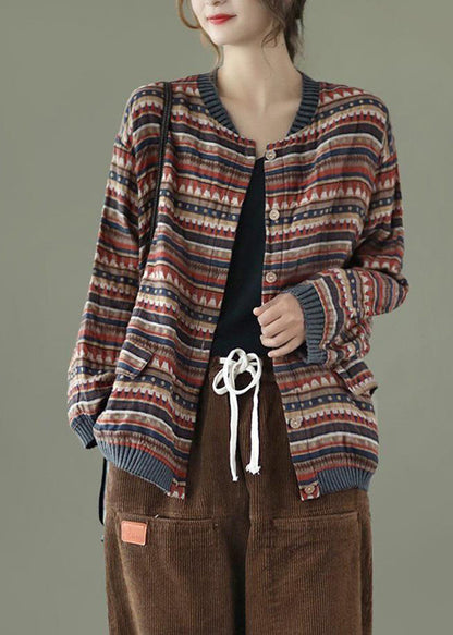 Coffee Striped Pockets Patchwork Cotton Coat Fall