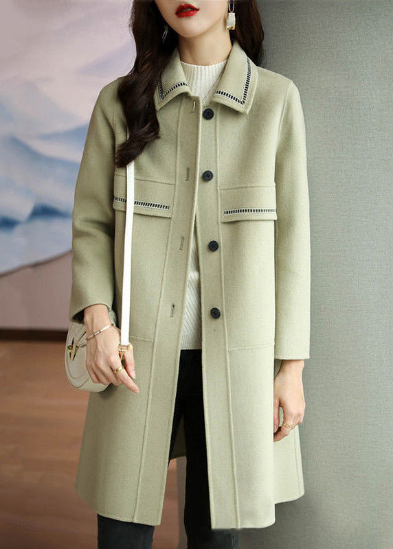 Light Green Peter Pan Collar Button Patchwork Woolen Coat Winter