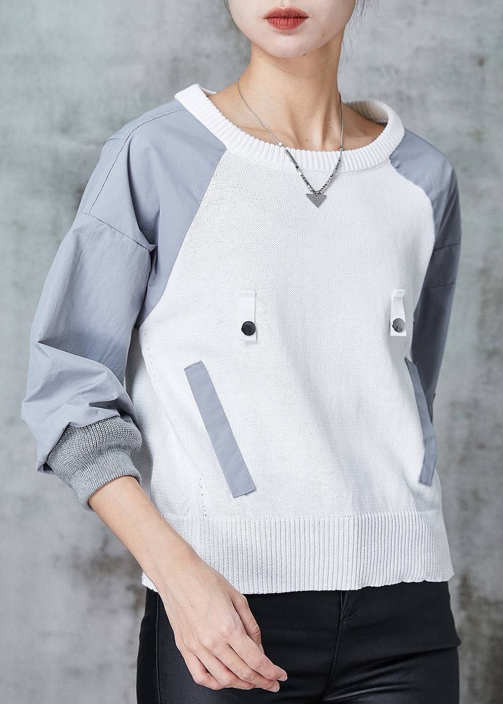 Colorblock O-neck Patchwork Knit Sweatshirt Spring
