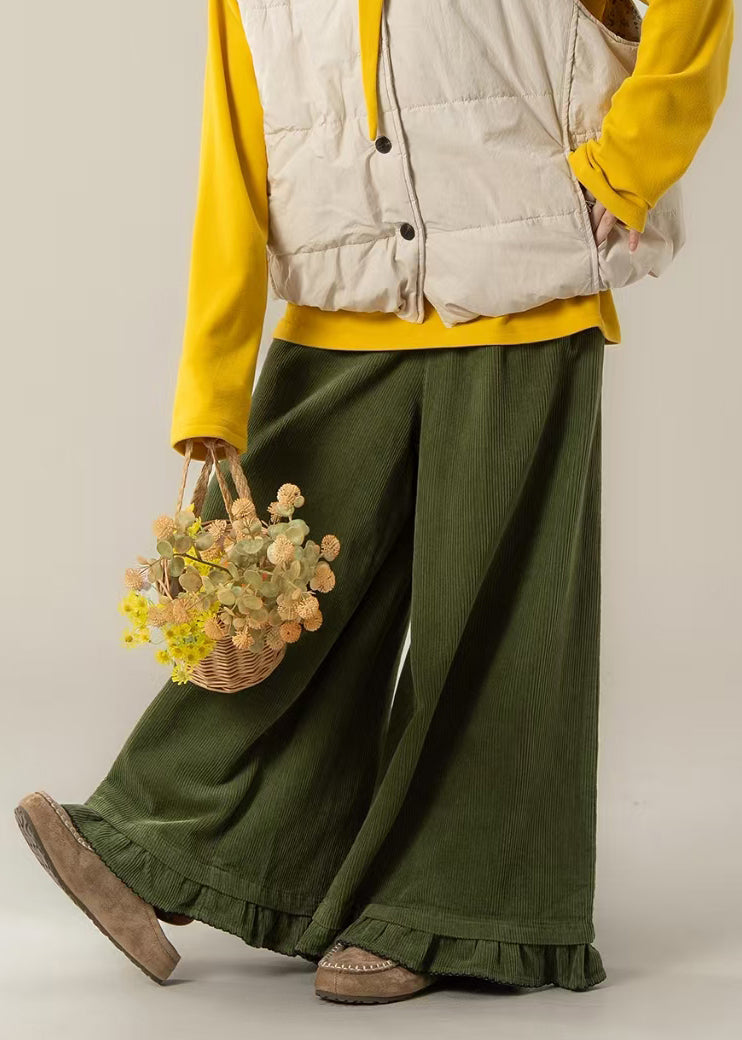 Tea Green Oversized Ruffled Corduroy Wide Leg Pants Spring