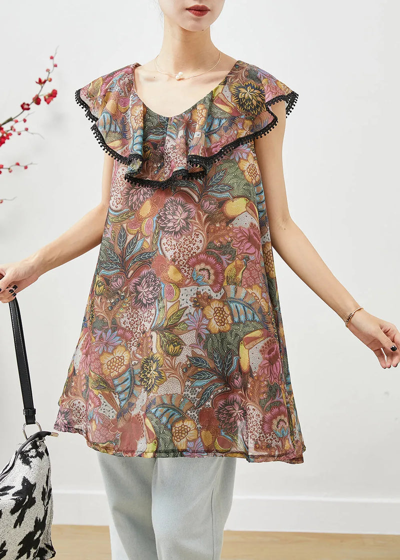 Brown Ruffled Print Cotton Blouses Summer