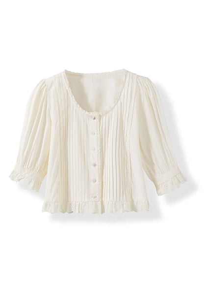 White Wrinkled Lace Patchwork Cotton Top Summer