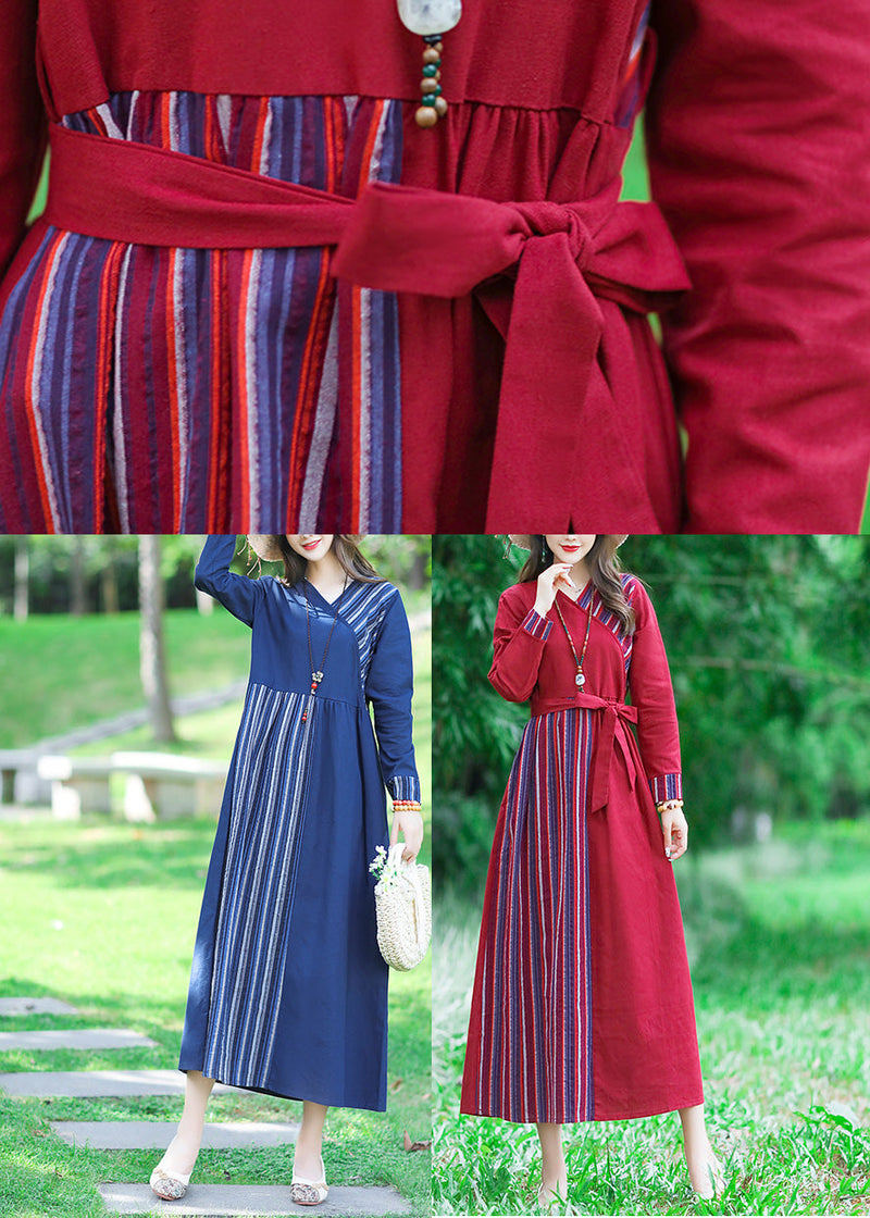 Blue V Neck Striped Patchwork Linen Long Dress Spring