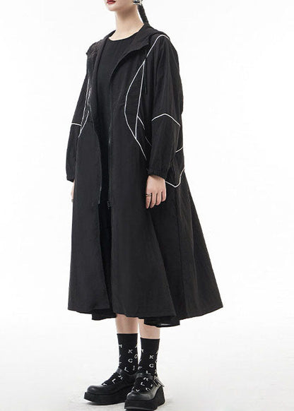 French Black Zippered Drawstring Hooded Trench Coats Spring