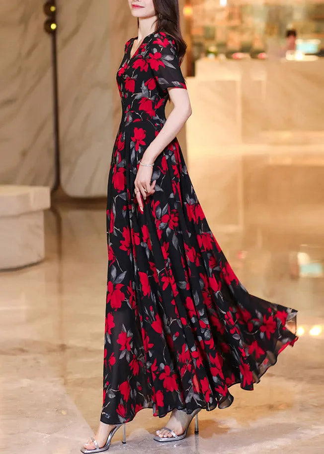 French Black Red V Neck Print Chiffon Long Dresses Summer