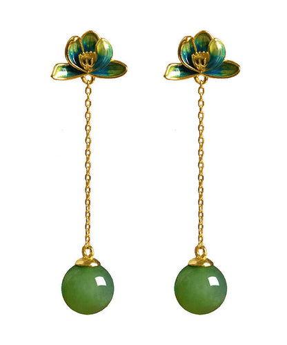 Green Sterling Silver Jade Enamel Lotus Tassel Drop Earrings