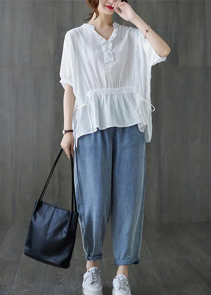 White V Neck Drawstring Ruffled Tank Tops Short Sleeve