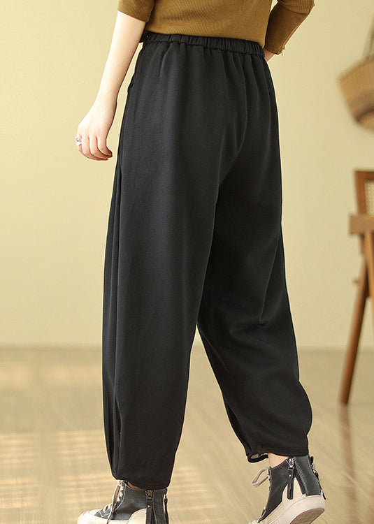 Black Pockets Elastic Waist Warm Fleece Pants Winter