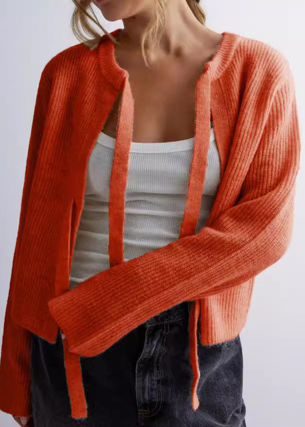 Apricot O Neck Lace Up Knit Loose Coat Fall