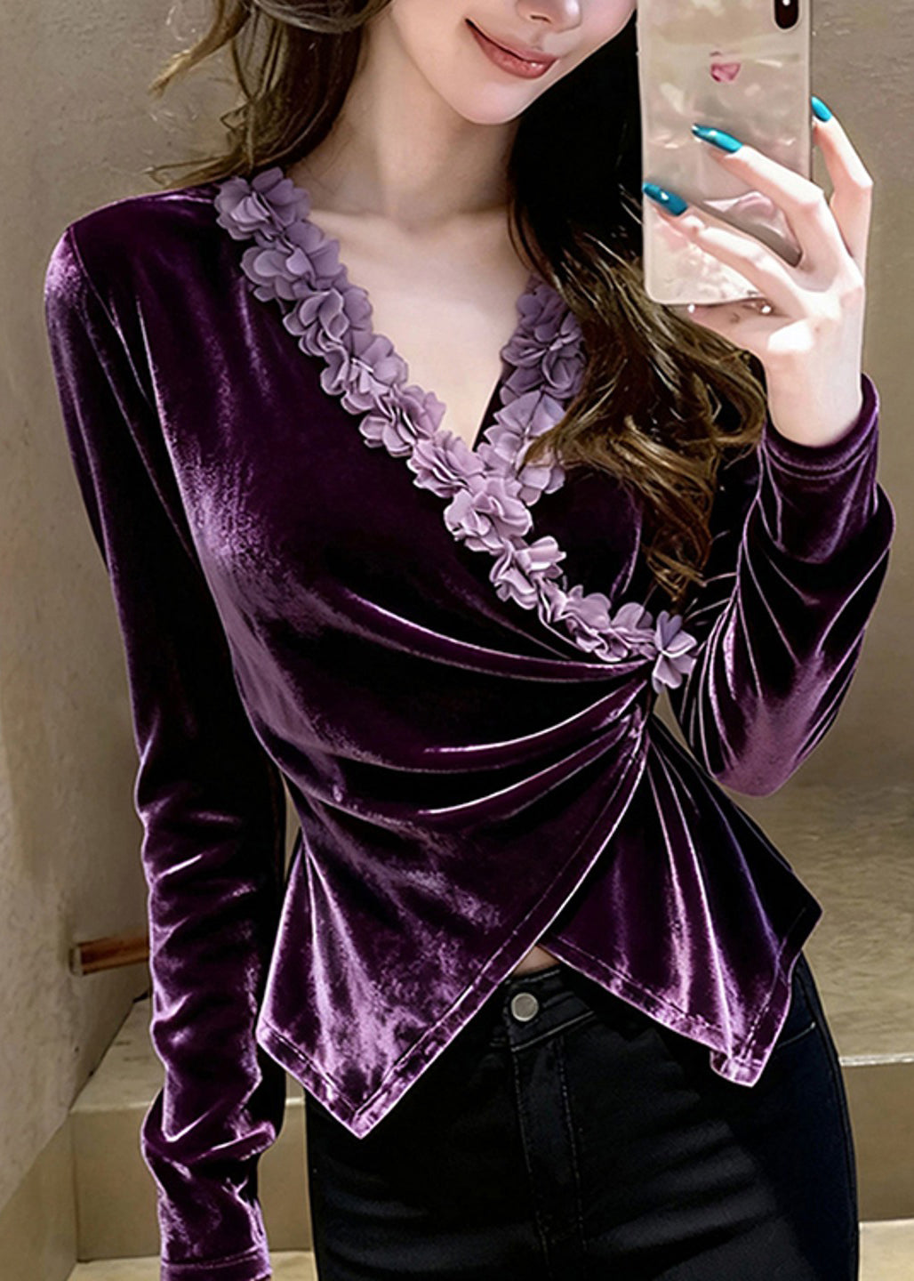 Purple V Neck Velour Shirts Spring
