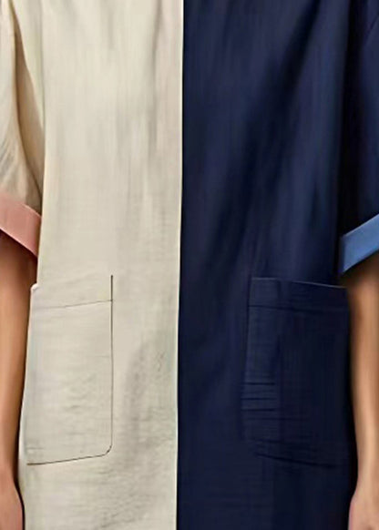 Colorblock Oversized Patchwork Pockets Linen Dress Summer