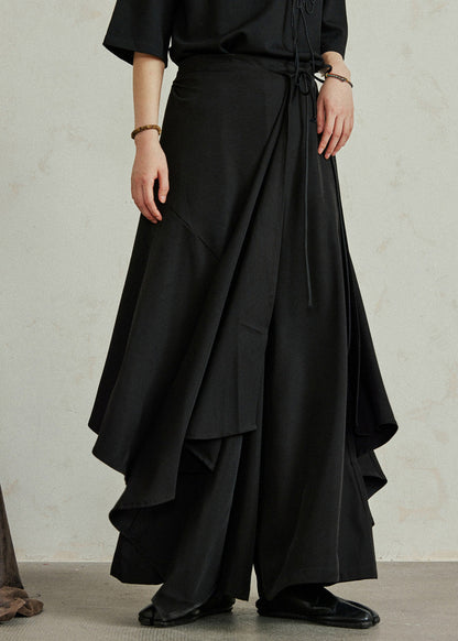 Black Asymmetrical Pockets Patchwork Elastic Waist Pants Skirt