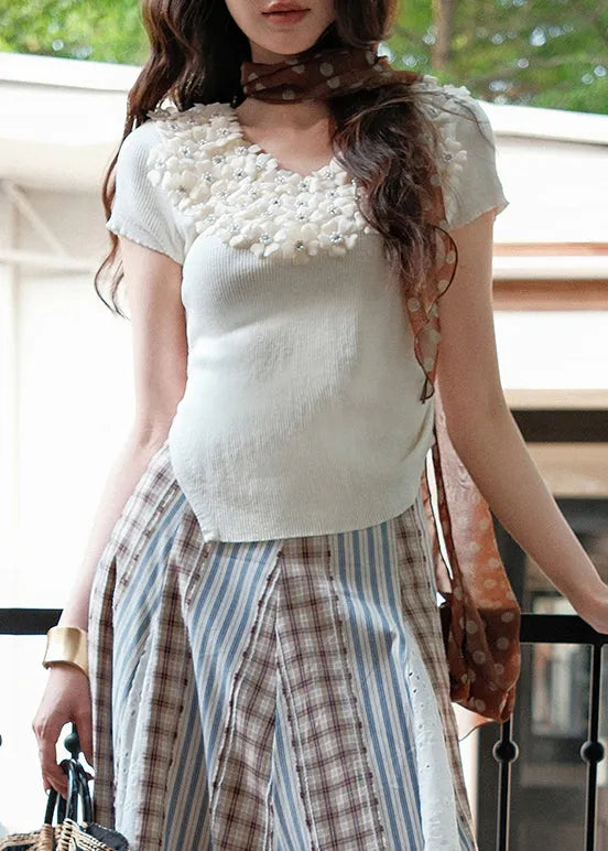Art Beige V Neck Nail Bead Knit T Shirts Summer