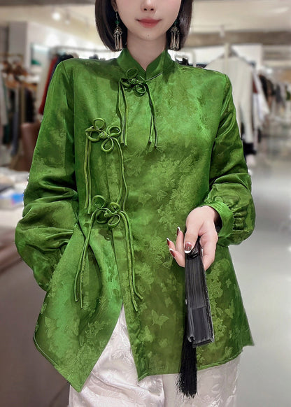 Chinese Style Green Stand Collar Side Open Jacquard Silk Top Long Sleeve
