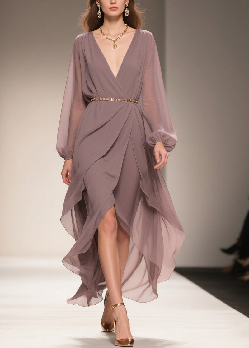Soft Misty Lavender Gray Low High Design Chiffon Dress V Neck Spring