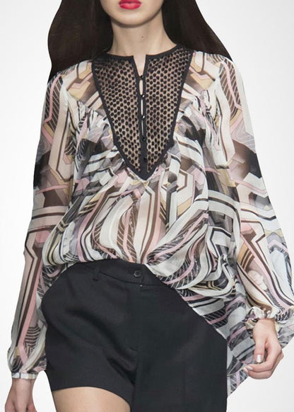 Print Draping Chiffon Shirt Top Lantern Sleeve