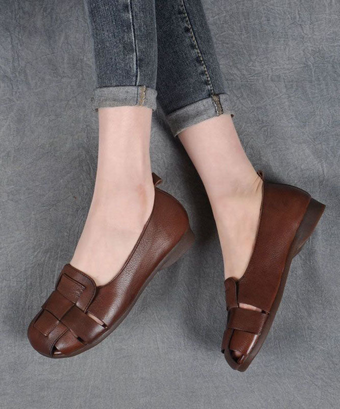 Brown Flat Feet Shoes Cowhide Leather Stylish Splicing Flat Shoes for
