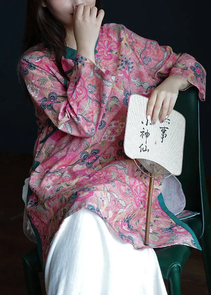 Pink Button Stand Collar Side Open Print Linen Tops Long Sleeve