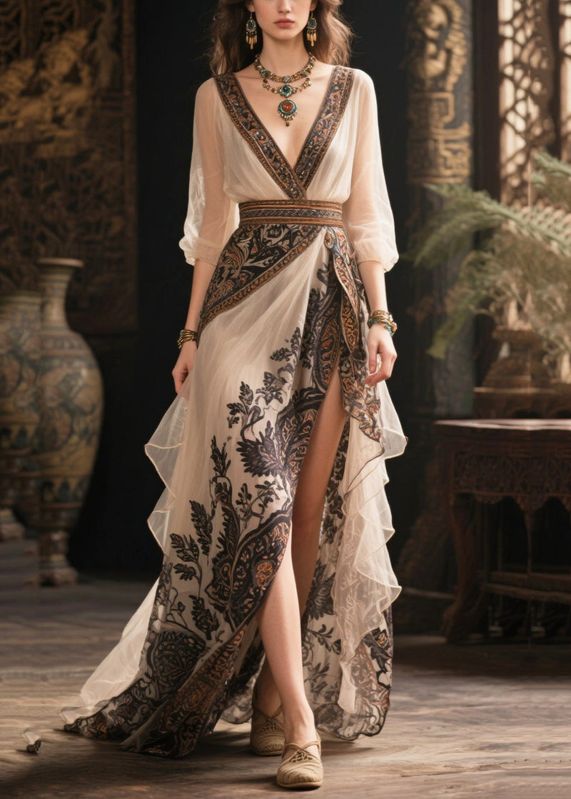 White Print Exra Large Hem Chiffon Holiday Dresses Summer