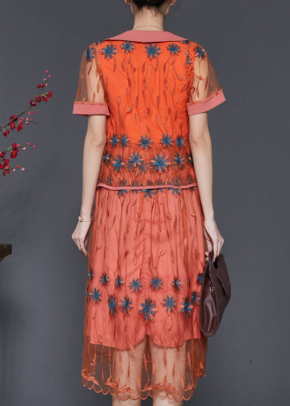 Orange Embroidered Patchwork Tulle Dresses Two Piece Set Summer