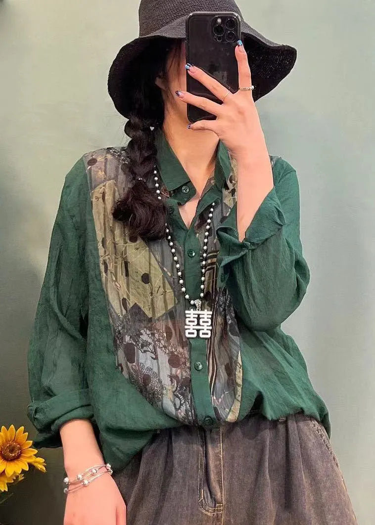 Style Orange Button Peter Pan Collar Print Patchwork Shirt Spring