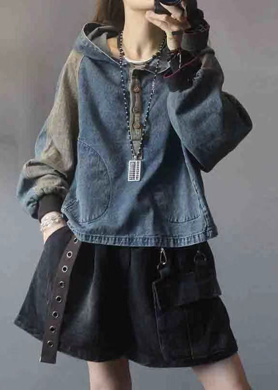 Black Hooded Patchwork Button Fall Denim Pullover Street Wear