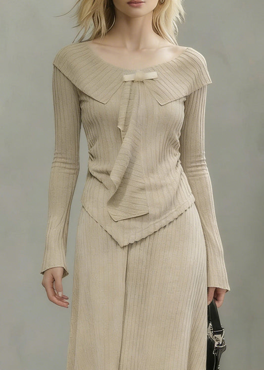 Art Khaki Asymmetrical Tops and Skirts Knit Two Pieces Set Spring