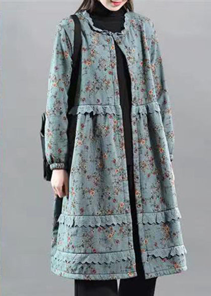 Blue Ruffled Lace Patchwork Warm Fleece Coat Fall
