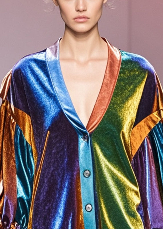 Multicolour V Neck Patchwork Silk Velvet Coats Fall