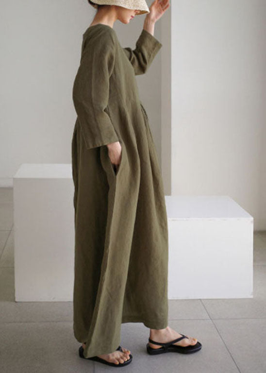 Organic Army Green O-neck Loose Cotton Dress Spring