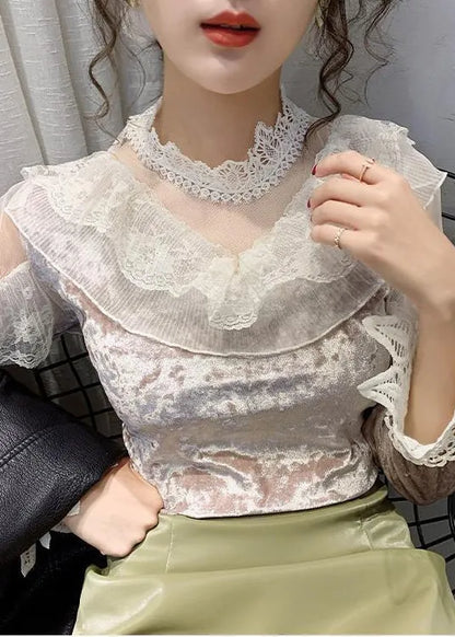 Pink Turtleneck Velour Lace Patchwork Tulle Tops Bottoming Shirt