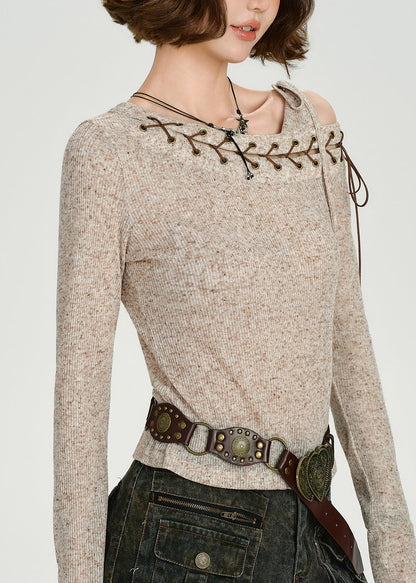 Apricot Asymmetrical Tie Lace Cotton Knit Sweaters Top Fall