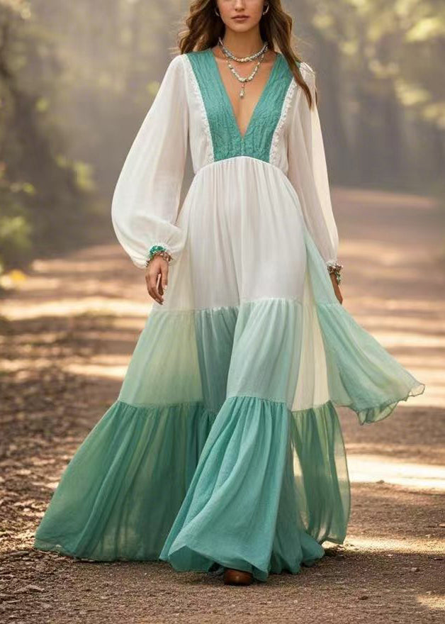 Gradient Color Exra Large Hem Cotton Long Dresses Spring