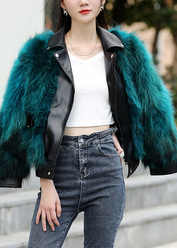 Peacock Blue Pockets Leather and Fur Jacket Long Sleeve
