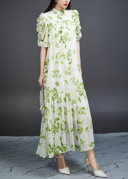 Green Wrinkled Print Tie Waist Chiffon Dress Summer