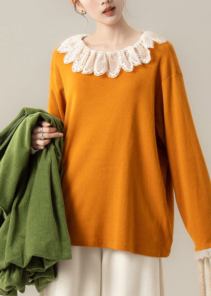 Unique Orange Oversized Patchwork Cotton Lace Blouse Top Spring