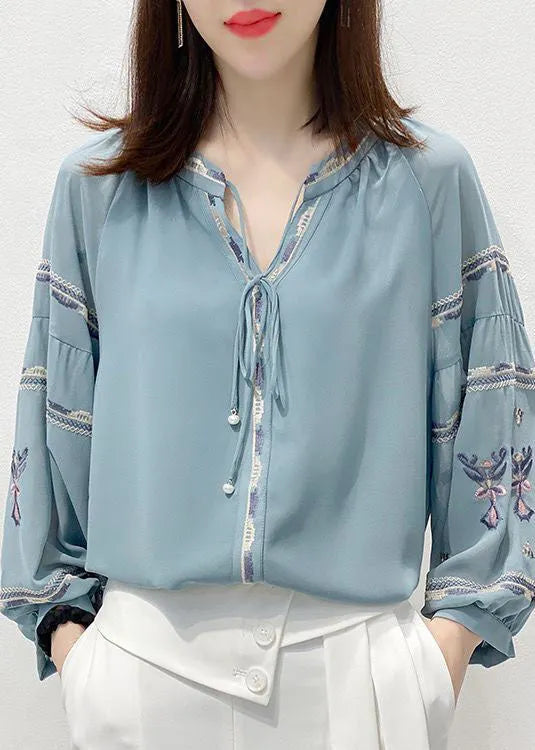 Blue Embroideried V Neck Chiffon Shirt Top Three Quarter Sleeve