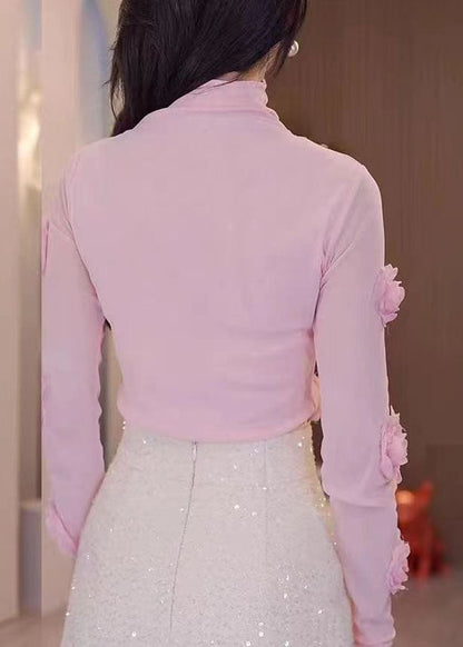 Pink Turtleneck Tulle Top Long Sleeve