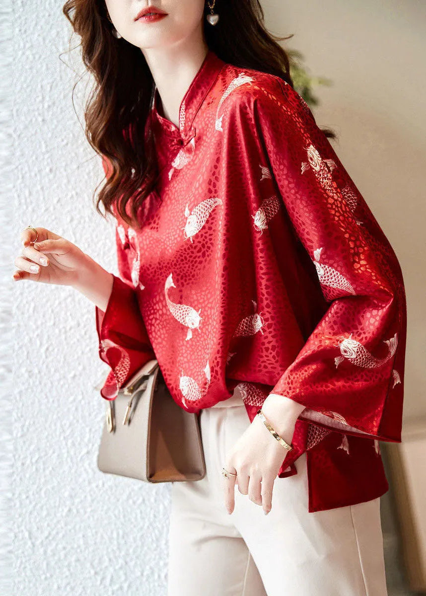 Red Stand Collar Print Silk Blouse Tops Flare Sleeve