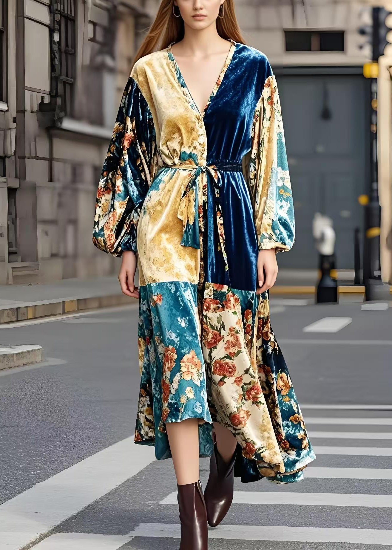 French Colorblock Tie Waist Patchwork Silk Velour Vacation Dresses Spring