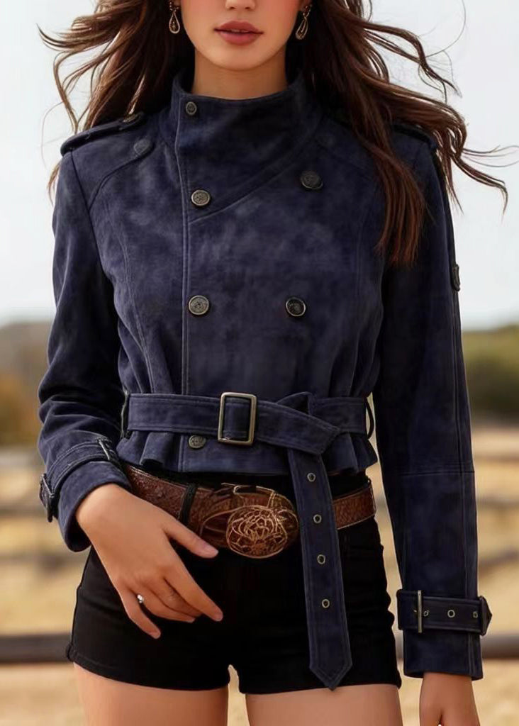 Navy Double Breast Faux Suede Tunic Coats Spring