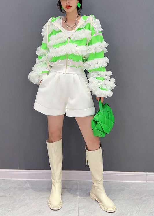 Green Ruffled Zippered Cotton Hoodie Coat Spring